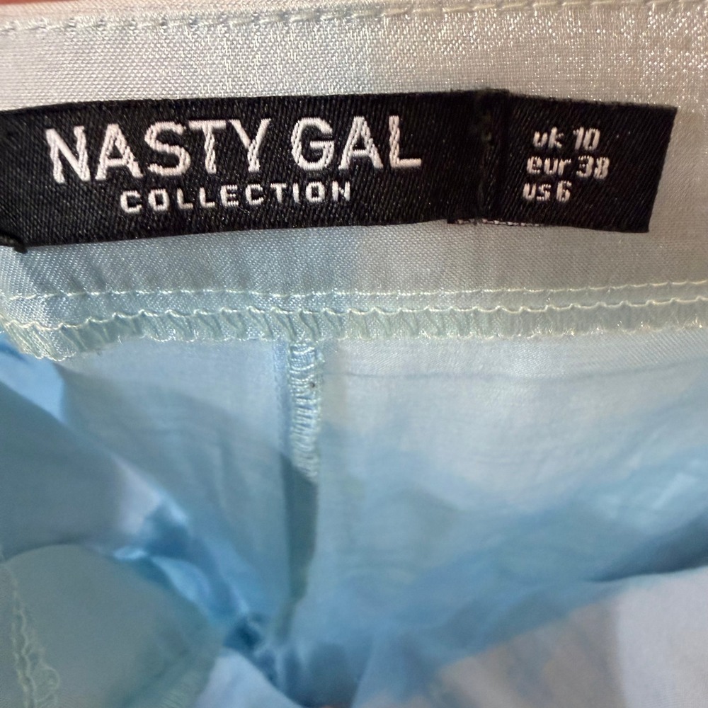 Nasty Gal Wide Leg Pants Womens Size 6 Light Blue Metallic Shimmer High Waist - Picture 8 of 10